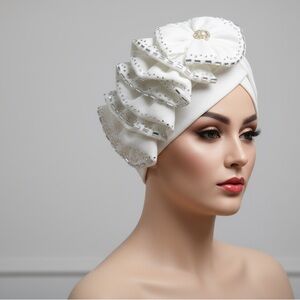 Elegant White Turban with Beaded Accents